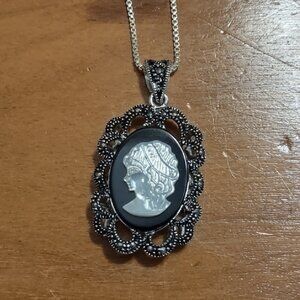 Mother of Pearl, Onyx, and Sterling Cameo Necklace